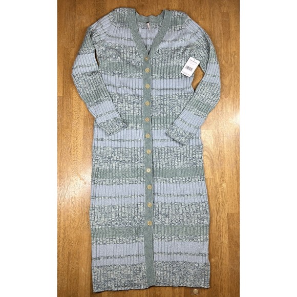 Free People Cozy Up Ribbed Knit Button Cardigan Sweater Dress Ocean Combo L $168 - Picture 1 of 4